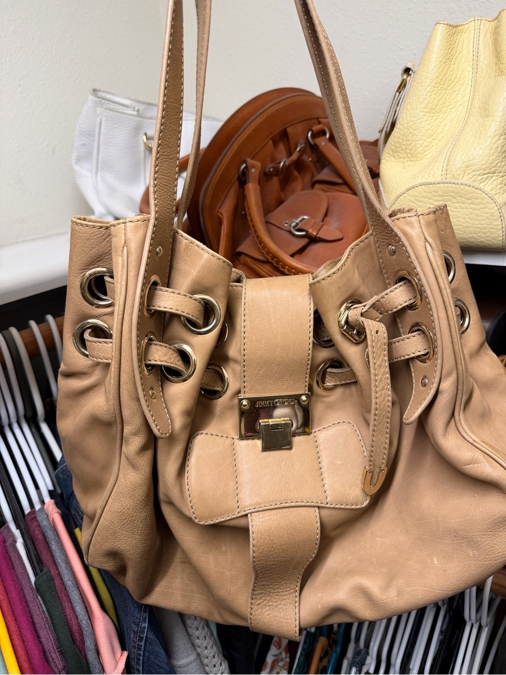 Jimmy Choo Ramona Beige Leather Drawstring Tote